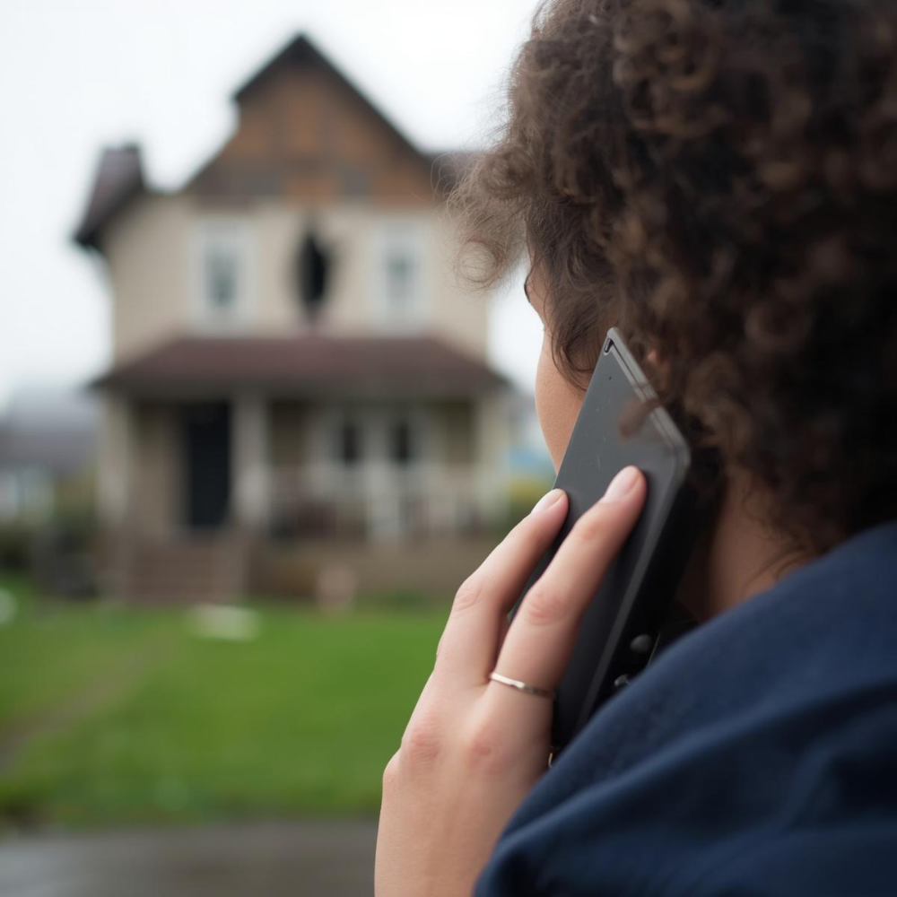 A person on their phone with their adjuster in front of their damaged house